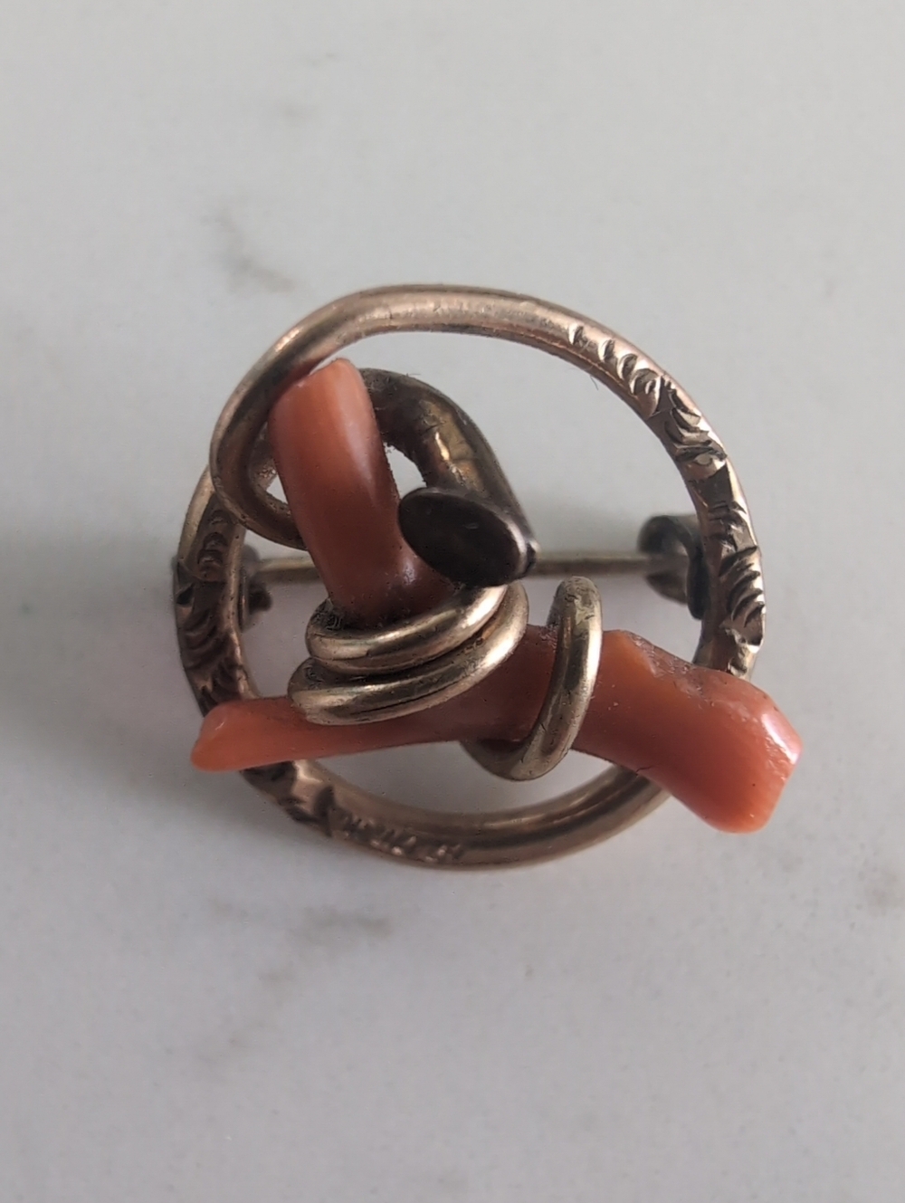 Vintage Coral Branch Circle Brooch Gold Tone Modernist Mid Century Pin